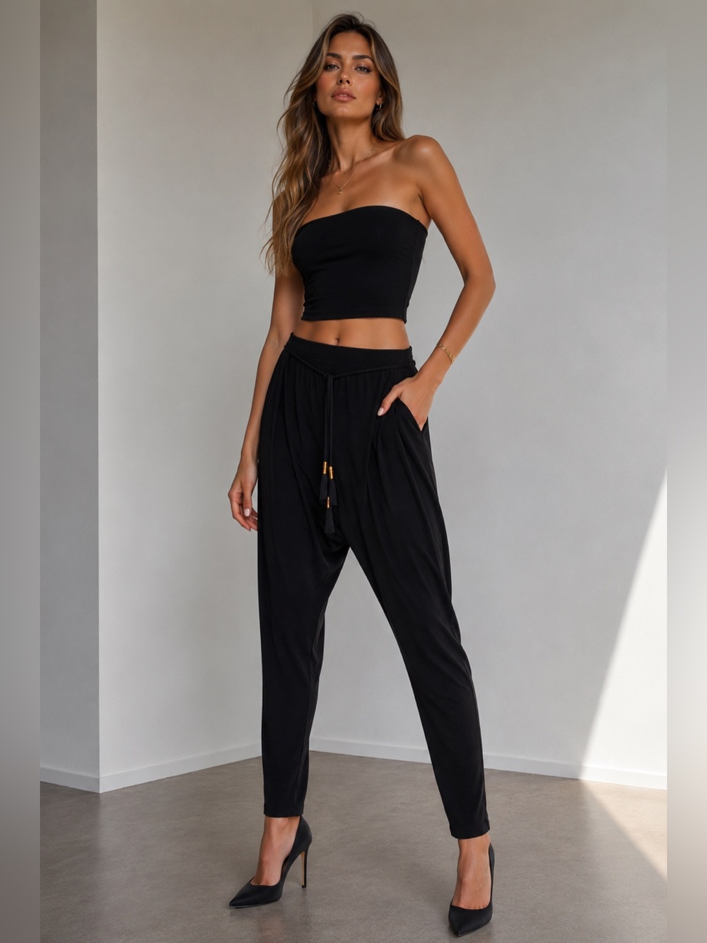 Polo Garage Black Jersey Harem Pants with Tassel Tie – Size 1